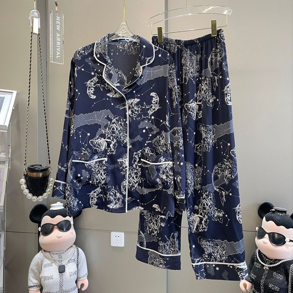 2023 Женские пижамы с принтом, состоящие из 2 предметов: топ с длинными рукавами и лацканами + брюки для отдыха