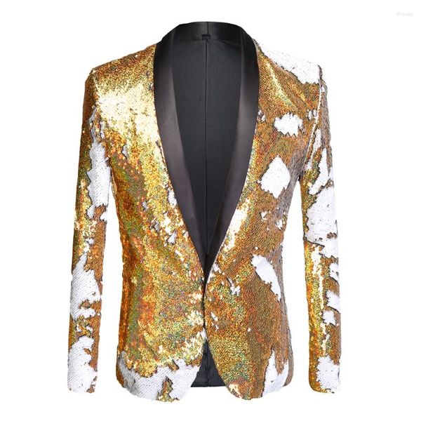 Abiti da uomo Paillette dorate Un bottone Collo a scialle Giacca da uomo Bling Glitter Nightclub Prom DJ Blazer Abiti da sposo di lusso