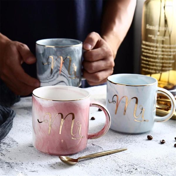 Tazze Tazza da caffè in porcellana di marmo naturale dipinta a mano in oro Mr e Mrs Tea Milk Cup Regalo creativo per l'anniversario di matrimonio