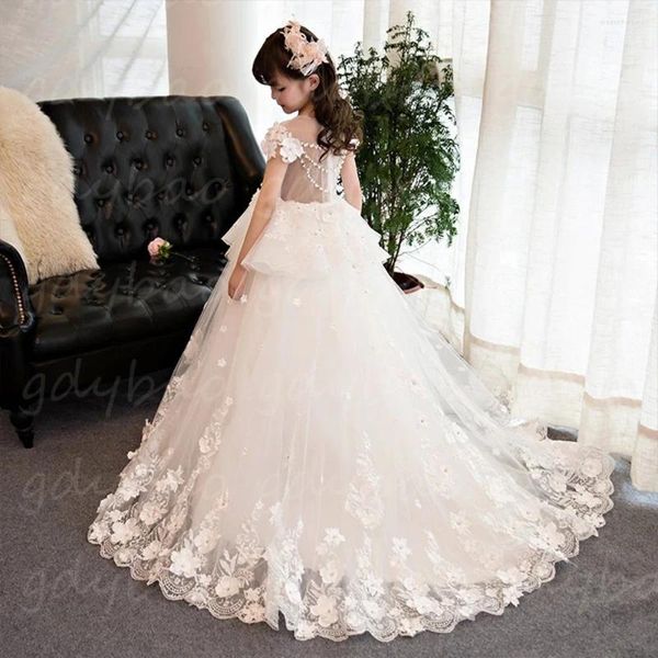 Abiti da ragazza Fiore di tulle di pizzo bianco per perline da sposa Indossare la Santa Comunione Abito da ballo per bambini senza schienale Festa di compleanno