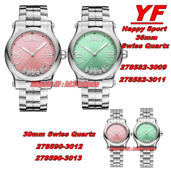 Часы YF Factory Happy Sport 36 мм 278582-3009 30 мм 278590-3012 Швейцарские кварцевые женские часы с розовым циферблатом, браслет из нержавеющей стали, женские наручные часы