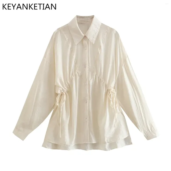 Blusas femininas keyanketian primavera design de moda sentido magro silhueta fina cardigan camisa cordão comprimento médio translúcido topo