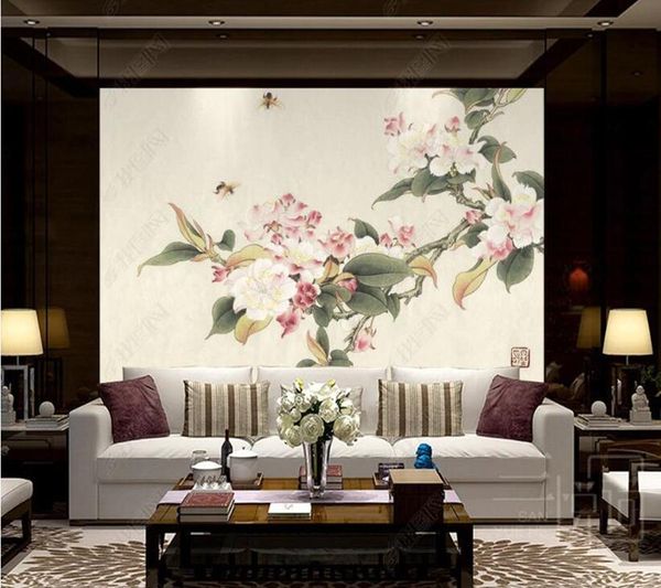Duvar Kağıtları Papel De Parede Çin tarzı elle boyanmış şeftali çiçeği 3D duvar kağıdı duvar oturma odası tv duvar yatak odası kağıtları ev dekor