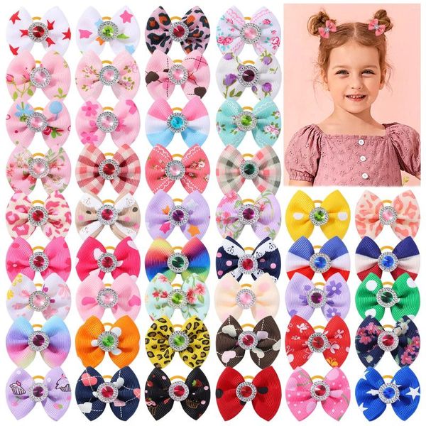 Accessori per capelli 2 pezzi Belle ragazze Bowknot Band Mini colorato Gemstone Bow Rope per bambini Coda di cavallo Supporto Fascia per capelli Testa di panino