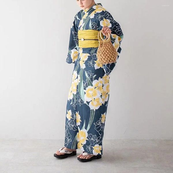 Roupas étnicas Mulheres Tradicionais Japonesas Kimono Imprimir Mangas Compridas Yukata Retro Performance Vestido Traje Algodão Turista Po163cm Roupas