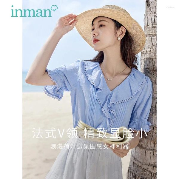 Blusas femininas Inman Mulheres Blusa 2023 Verão Puff Manga Ruffled V-Pescoço Slim Camisas Lace Jacquard Algodão Literário Artístico Azul Branco Tops