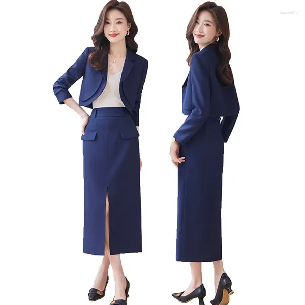 Zweiteiliges Kleid Herbst Winter Frauen Retro Anzug Büro Arbeitskleidung Strickjacken Solide Blazer Mantel Split Langer Rock Zweiteiliges Set Koreanische Mode