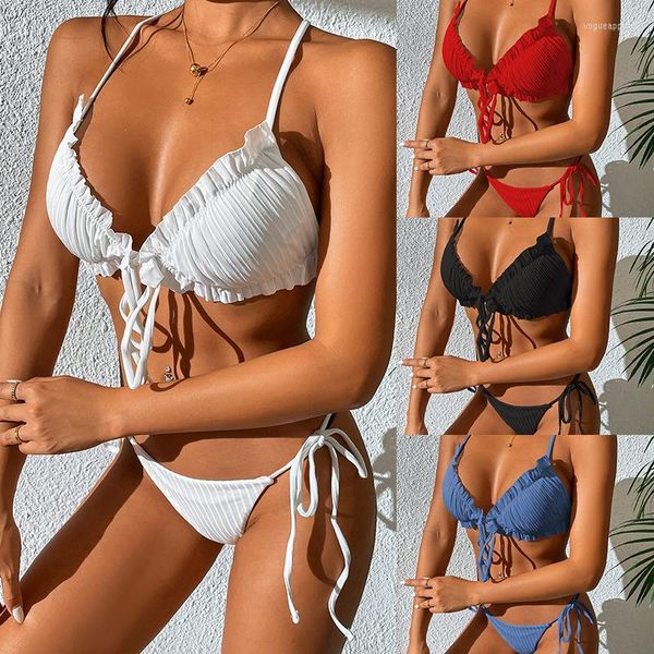 Fomentar Biquíni Feminino 2023 Color Sólido Pit Dob Fold Renda Backless Sexy Swimsuit Split biQuine Brasileiro Micro