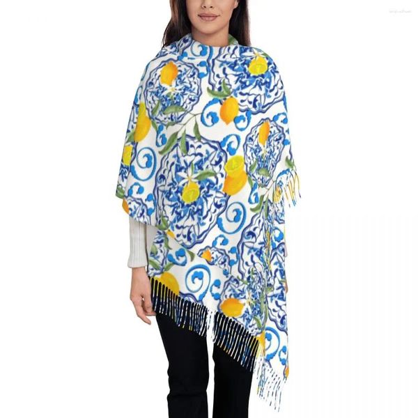 Sciarpe Elegante modello di frutta di limone Sciarpa con nappe Donna Scialli invernali caldi Avvolge Donna Estate Agrumi Stile mediterraneo