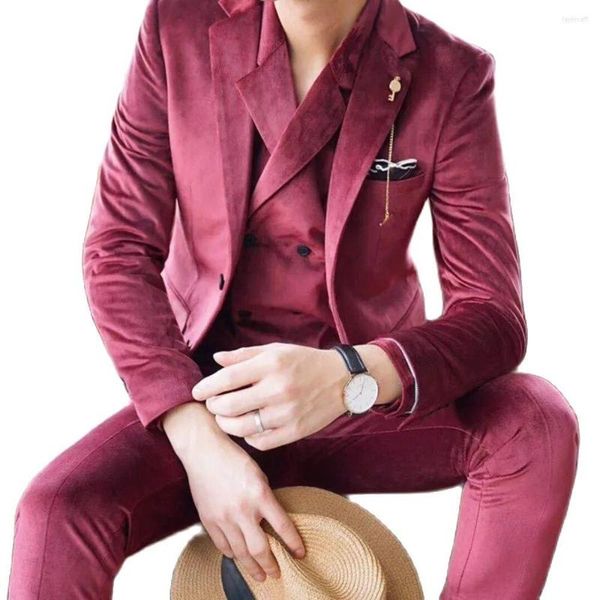 Abiti maschili da uomo fatto rose rosa tacca invalvet velvet set 2 bottoni bottoni pantaloni blazer formali 3pcs indossare abbigliamento maschile