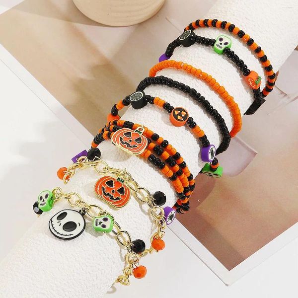 Charm-Armbänder, Halloween-Samenperlen, Kürbis-Tropfen-Armband für Frauen, weiche Ton-Sets, goldfarbene Gliederkette, Schmuck