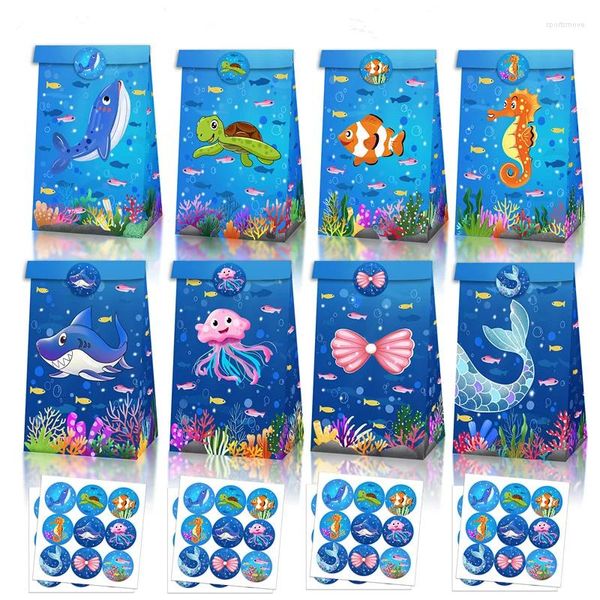 Geschenkpapier 12 Stück Meerestiere zugunsten Papiertüten mit Aufklebern Blue Ocean Geburtstag Candy Box Verpackung für Kinder Party Supplies