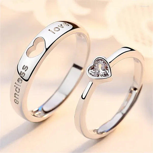 Anelli a grappolo 2 pezzi / set zircone cuore coppia abbinata set per sempre amore infinito anello nuziale per donna uomo fascino gioielli di San Valentino