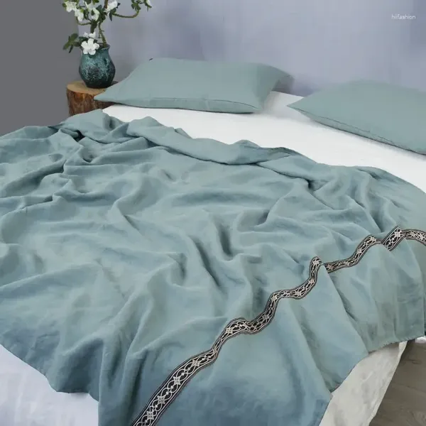 Coperte Lenzuolo sopra in vero lino francese con bordo ricamato Biancheria da letto morbida in lino lavato con pietra Coperta traspirante Ultra Bed Home