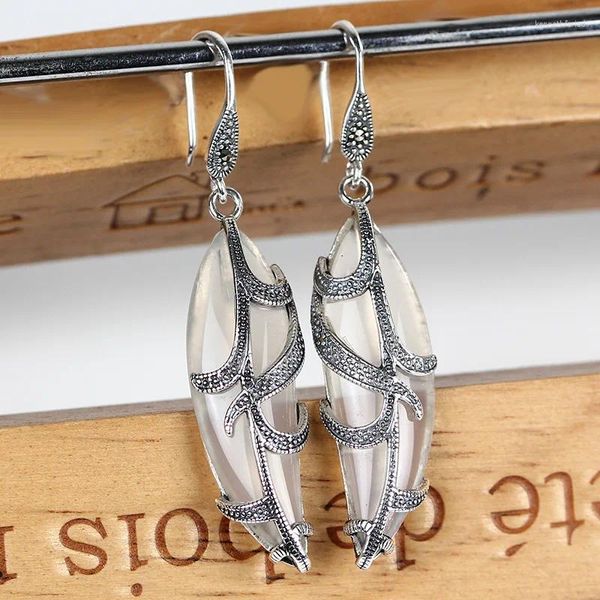 Dangle Küpeler Gerçek 925 STERLING Gümüş Yapraklı Küpe Kadınlar İçin Vintage Doğal Taşlar Damla Kadın Retro Thai Takı