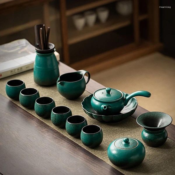 Conjuntos de chá Pinho Verde Cerâmica Conjunto de Chá Estilo Japonês Casa Infusor Retro Creative Side Handle Pot e Cup