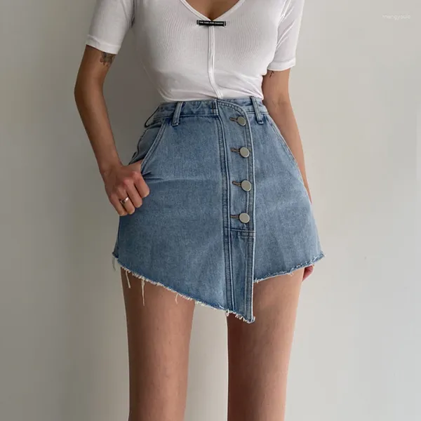 Женские джинсы, женские летние джинсовые шорты нестандартной формы, юбки, корейские пуговицы, повседневная мини-юбка трапециевидной формы с высокой талией, уличная одежда