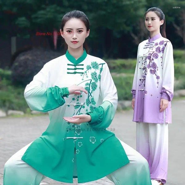 Ethnische Kleidung 2023 Chinesische Tai Chi Kampfkunst Tops Hosen Set Taiji Wushu Wing Chun Uniform Blumendruck Farbverlauf