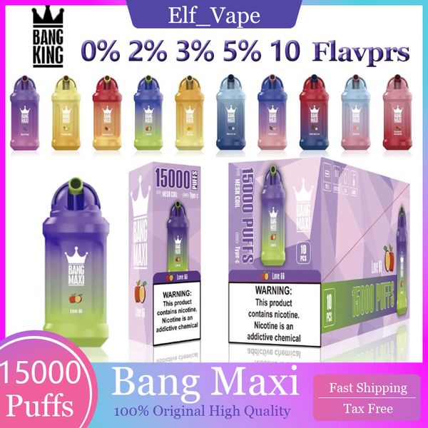 Bang Maxi 15000 Pufos Pofos de vape descartável 15K Puff Vape 23ml Preenchido E Cartuchos E POD 650 MAH Kit de cor luz LED de bateria 10 sabores 10 sabores