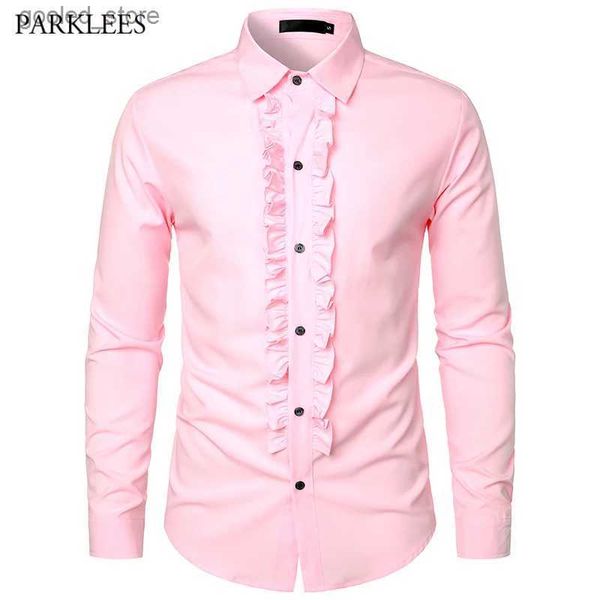 Camisas casuais masculinas rosa plissado ruche folho smoking camisa masculina retro 70s manga longa botão para baixo plissados camisa mens festa de casamento jantar chemsie homme q231106