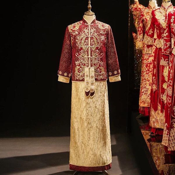 Ethnische Kleidung für Männer, Perlenstickerei, Cheongsam, chinesisches traditionelles Bräutigam-Hochzeitskleid, elegante orientalische Tang-Anzüge