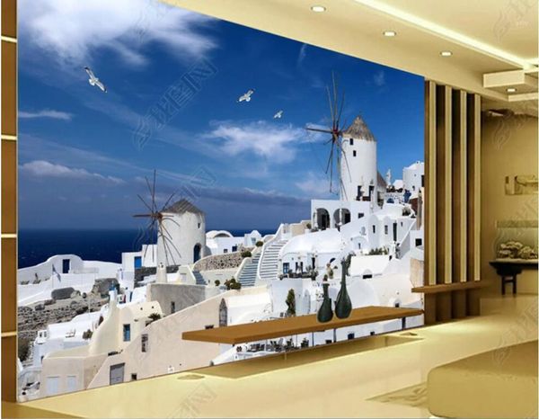 Sfondi Murale Personalizzato Po Carta Da Parati Paesaggio Architettonico Egeo Greco Decorazione Domestica Soggiorno 3d Per Pareti In Rotoli