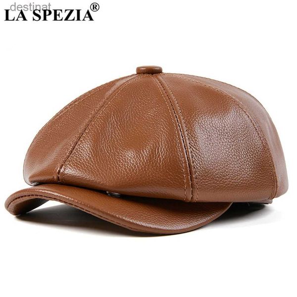 Berets La Spezia Genuíno Couro Newsboy Cap Homens Alta Qualidade Octogonal Chapéu Outono Inverno Boina Real Cowskin Flat CapL231106