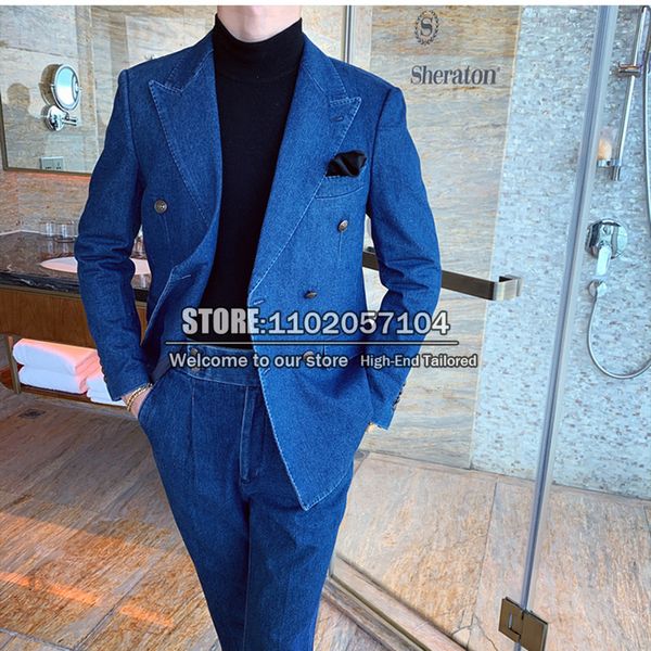 Erkekler Suits Blazers Erkekler Özelleştirilmiş Çift Kruvaze Jacketpants 2 Resmi İş Ceket Takım İlkbahar ve Sonbahar Mavi Denim Gelinlik 230406