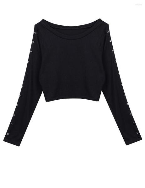 Magliette da donna Camicia nera Maglietta a maniche lunghe da donna a maniche lunghe 20236 Magliette allentate autunnali T-shirt da donna sexy con scollo tondo