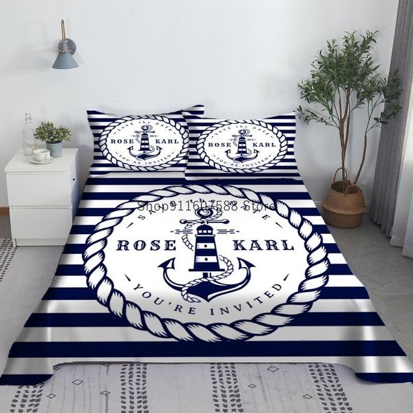 Set di biancheria da letto Set di lenzuola a strisce blu e bianche con ancoraggio per barca Stampato in 3D piatto blu scuro con federa in lino King Queen Size 230406