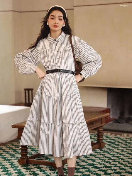 Casual Kleider Deeptown Büro Damen Weiß Gestreiftes Hemd Kleid Frauen Koreanischen Stil Elegante Gürtel Langarm Tunika Midi Bluse Herbst