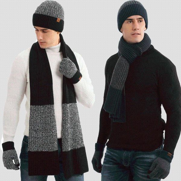 Berretti Inverno Cappello di lana spesso Abito caldo Uomo e donna Sciarpa di colore misto a contrasto Guanti Abito a tre pezziBerretti