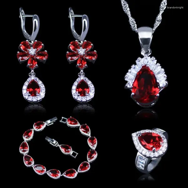 Halskette Ohrringe Set Großer Verkauf Roter Stein Silber Modeschmuck Für Frauen Birne Tropfen Ring Armband Im Laden