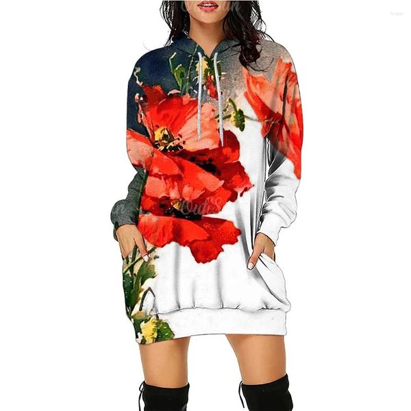 Vestidos casuais mulheres moletom vestido 3d flores impressão manga longa pulôver moda comprimento médio hoodie 2023 outono inverno com capuz tops