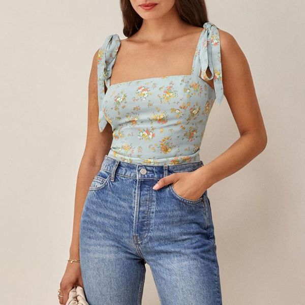 Tanques femininos Camis Beach Férias de férias florais Tops de verão Mulheres 2023 Pescoço reto Manutenção Tirp strap Crop Top Back Smocked Sex