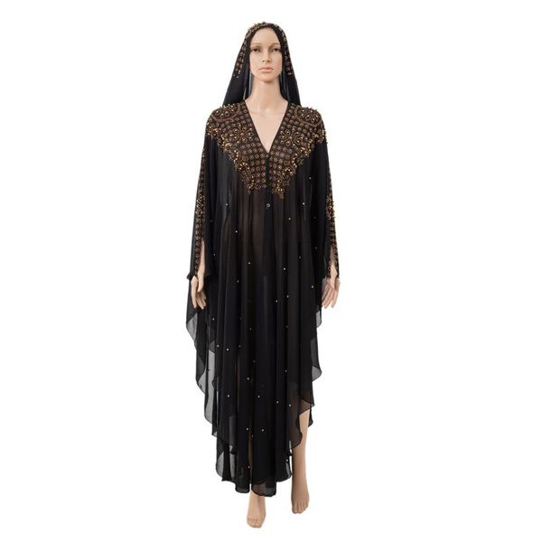 Abbigliamento etnico Musulmano Nero Kaftan Abaya Perline Medio Oriente Arabo Abito Ramadan Robe Chiffon Abito da donna Abbaya Caftano Marocain Maxi Dres