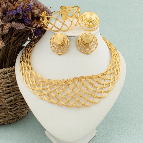 Colar brincos conjunto 18k banhado a ouro dubai jóias para mulheres africano oco pulseira anel design arrojado presente de festa