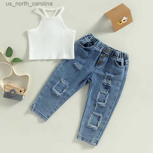 Conjuntos de roupas 2pcs moda meninas roupas conjunto sem mangas halter colheita top camisola com cintura elástica jeans rasgados crianças roupa de verão r231106