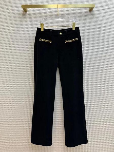 Женские брюки осень-зима черные бархатные толстые женские с высокой талией золотые цепочки украшения карманы прямые