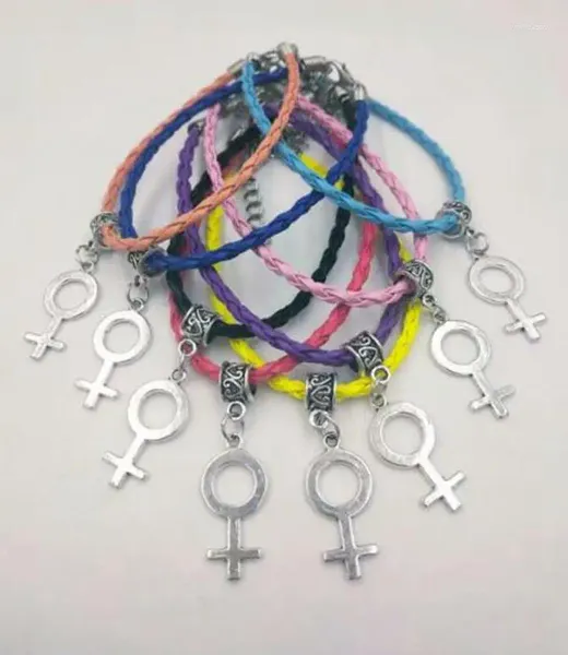 Charme pulseiras símbolo feminino mulheres feminista pingente encantos cordão de couro pulseira vintage para presente de jóias