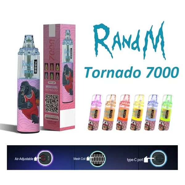 100% originale RandM Tornado 7000 soffi monouso Vape Pen Sigarette elettroniche Pod Mesh Coil 6 colori luminosi Ricaricabile regolabile in aria 0% 2% 3% 5% Vaporizzatore dispositivo 7K