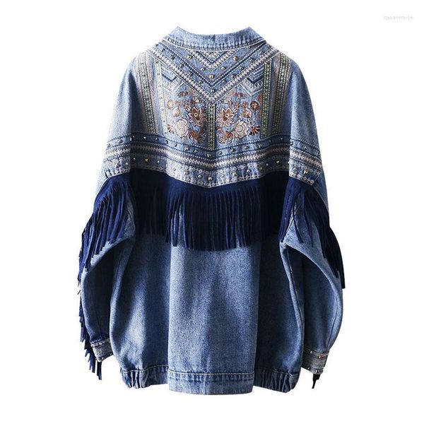 Giacche da donna Vsue Donne Giacca in denim Blu ricami sciolti Rivet Tassel Tasca Oversize Moto Biker Punk Boho C0086