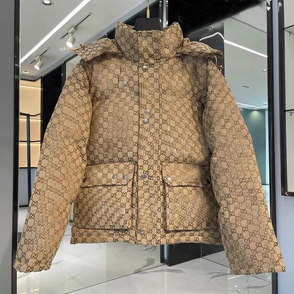 Parka da donna invernale in piumino di lusso di lusso con giunzione di design, parka da uomo con stampa alfabetica per abbigliamento in cotone per coppie