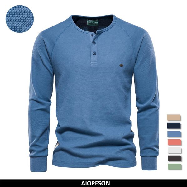 T-shirt da uomo AIOPESON Waffle Henley T-Shirt Uomo manica lunga Basic traspirante T-shirt da uomo T-shirt autunno tinta unita per uomo 230406