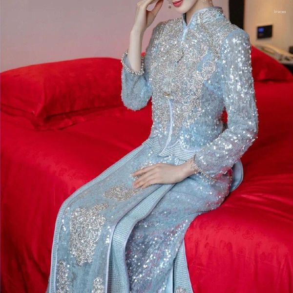 Roupas étnicas Estilo Chinês Fada Beading Vestido de Noiva Cheongsam Vintage Formal Sparkly Azul Lantejoulas Qipao Mulheres Oriental Brinde