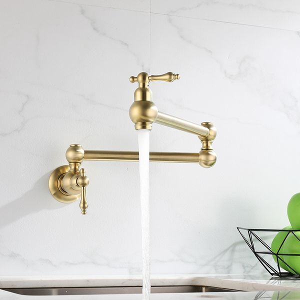 Küchenarmaturen Tuqiu Pot Filler Tap Wandmontierter faltbarer Wasserhahn aus gebürstetem Gold Single Cold Sink Drehen Sie den Klappauslauf Chrom Messing 230406