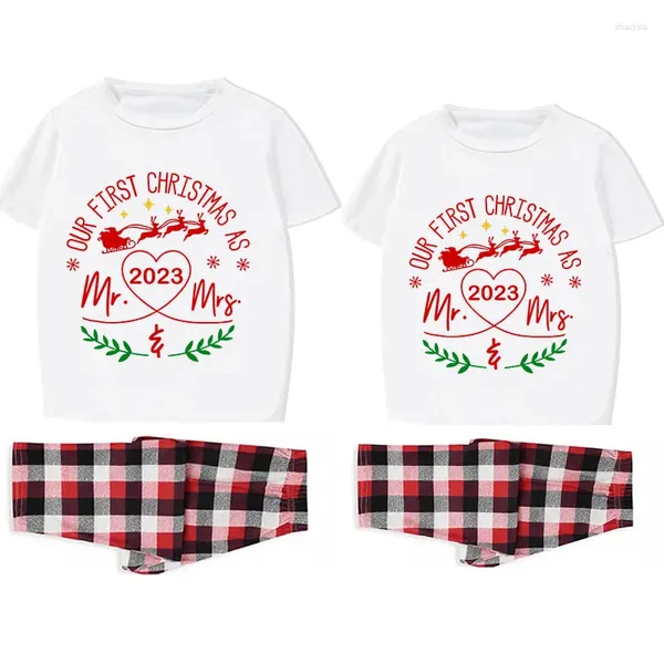 Damen-Nachtwäsche 2023 Paar passende Weihnachtspyjamas Unser erstes oder zweites Weihnachts-DIY-Loungwear-Short-Set