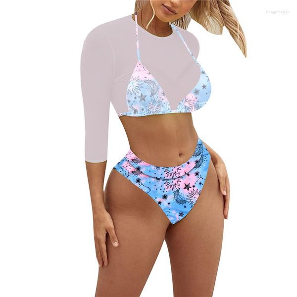 Kadın Mayo Seksi Kadınlar 3 PCS Halter Bikini Bras Yüksek Bel Külotu ile Görmek İle Örgü Mahsul Tops Mayo Setleri Kadın