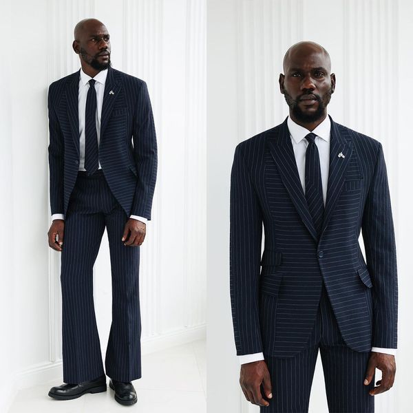 Abiti da uomo slim fit a righe blu navy per matrimonio con risvolto formale smoking da sposo formale 2 pezzi Costume Homme