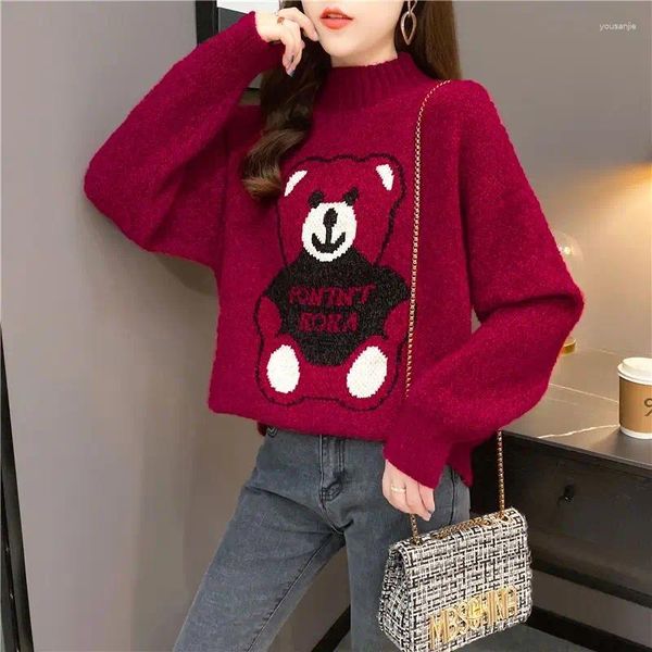 Maglioni da donna Vino rosso Orso Cartone animato Simpatico gilet da studente Pullover Maglione a collo alto Donna Ragazza Tirare il cappotto esterno in tessuto sottile